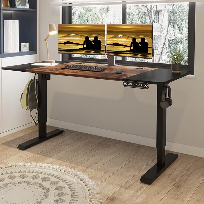 Adjustable Height Electric Standing Desk - 63 x 30 Inch Sit Stand Computer Desk with Splice Board, Stand Up Desk Table for Home Office, Black Frame/Black and Rustic Brown Top