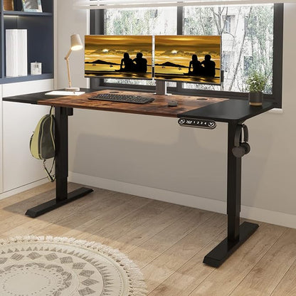 Adjustable Height Electric Standing Desk - 63 x 30 Inch Sit Stand Computer Desk with Splice Board, Stand Up Desk Table for Home Office, Black Frame/Black and Rustic Brown Top