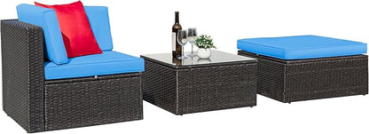 Greesum 3 Piece Patio Conversation Set Wicker Rattan Furniture Outdoor Sofa with Cushions,Pillows and Glass Table for Porch,Lawn and Yard, Blue