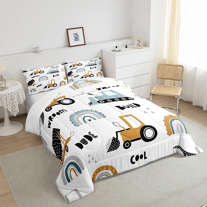 Feelyou Truck Excavator Comforter for Kids Boys Girls Cartoon Cars Bedding Set Tractor Engineering Vehicle Comforter Set Construction Bedroom Decor Quilt Set with 1 Pillowcase 2Pcs Bedding Twin