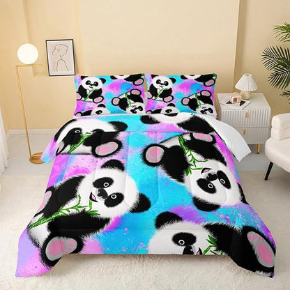 Panda Comforter Queen Size,Neon Panda Comforter Set for Kids Teens Girls Boys,3Pcs Bedding Set Printed Comforter with 2 Pillowcases,Down Alternative,Soft and Lightweight，Queen Size