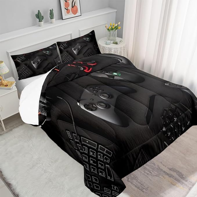 Gamer Comforter Set for Boys Teen Kids Full Size Gaming Comforter Soft Microfiber Gampad Quilt and Pillowcase Video Game Bedding Sets Room Decor (Color 1,Full)