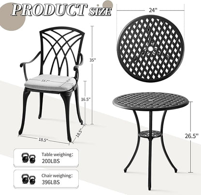 3 Piece Patio Bistro Set with Cushions, Outdoor Bistro Table and Chairs Set of 2 with Umbrella Holes, All Weather Bistro Table Set for Garden Porch Pools