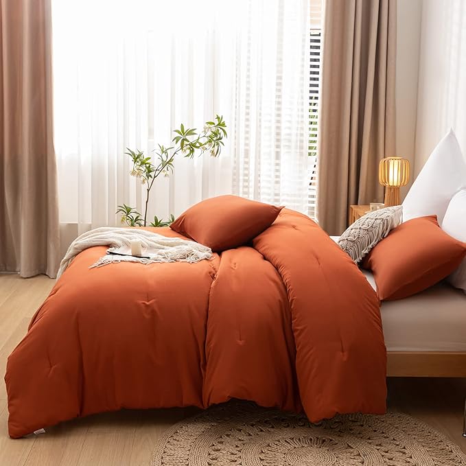 Terracotta Queen Comforter Solid Color 3PCS Boho Bed Comforter Set Queen Size Soft Lightweight Down Alternative Microfiber Comforter for All Season (1 Comforter, 2 Pillowcases)