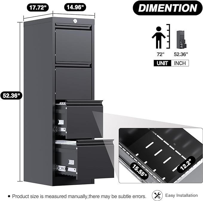 4 Drawer File Cabinet, Vertical Filing Cabinets with Lock, Metal File Cabinets for Home Office A4 Letter/Legal Size, Assembly Required