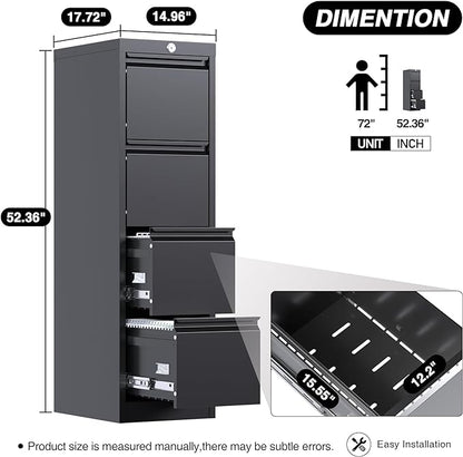 4 Drawer File Cabinet, Vertical Filing Cabinets with Lock, Metal File Cabinets for Home Office A4 Letter/Legal Size, Assembly Required