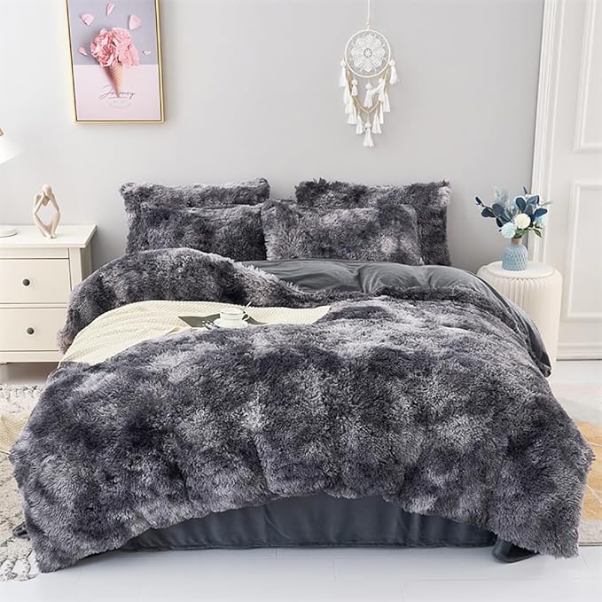 WINLIFE Shaggy Comforter Set Twin Grey for Boys Teens Faux Fur Bedding Sets Flannel Furry Comforter Plush Comforter Sets Gradient Ombre Tie Dye Bed Sets (3Pcs, Twin, Dark Grey)