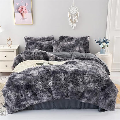 WINLIFE Shaggy Comforter Set Twin Grey for Boys Teens Faux Fur Bedding Sets Flannel Furry Comforter Plush Comforter Sets Gradient Ombre Tie Dye Bed Sets (3Pcs, Twin, Dark Grey)