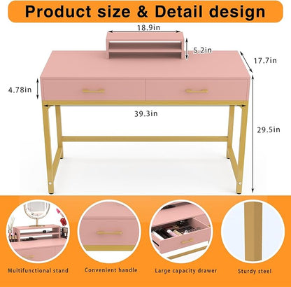 WESTREE Women Makeup Vanity Desk with 2 Drawers - Bedroom Home Office Desk, Wooden Height Monitor Stand & Storage Shelf without Mirror, Pink Table Great Gift for Her