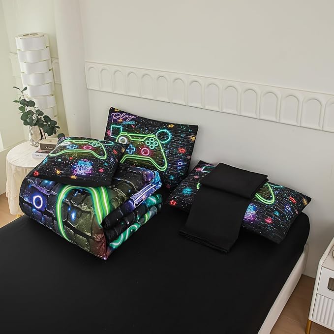 NINENINE 6PCS Gamer Bedding Sets for boys,Twin Comforter Sets for Boys, Gaming Bedding Sets for boys gamer Bedding Comforter Sheet Set(1Comforter,1Flat Sheet,1Fitted Sheet,1Cushion Cover,2Pillowcases