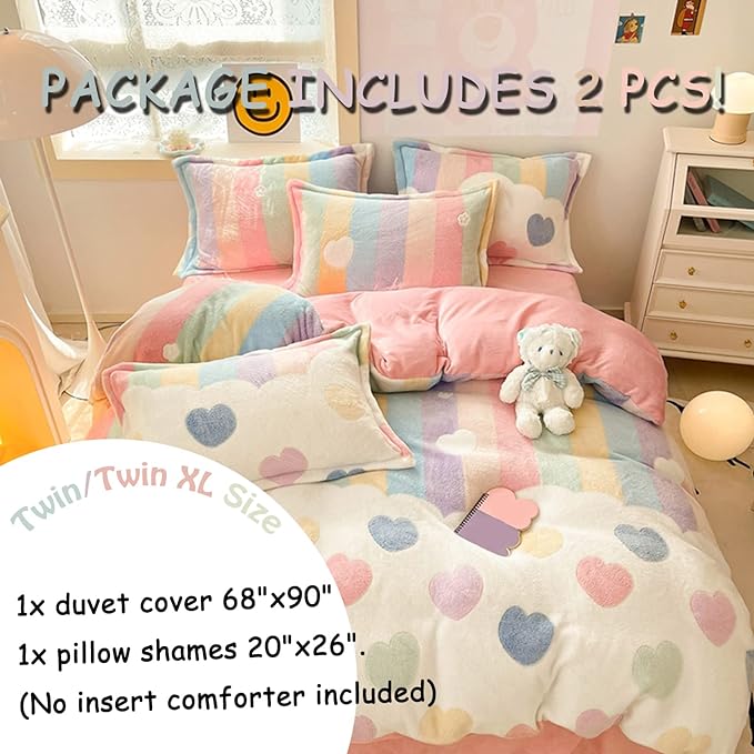 MorroMorn Twin Bedding Sets, Pink Rainbow Duvet Cover Set, Fluffy Comforter Covers Blanket Ultra Soft Kawaii Cute for Girls Kids Toddler Teen Women Twin/Twin XL Size