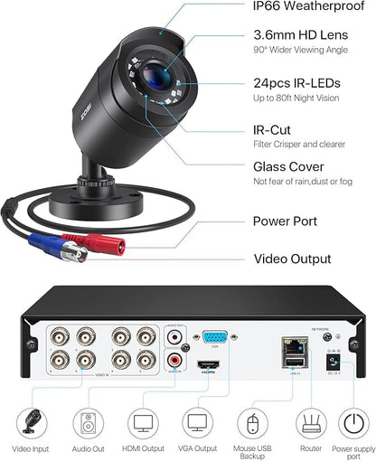 ZOSI 3K Lite 8CH Home Security Camera System Outdoor Indoor, AI Human/Vehicle Detection, Night Vision, H.265+ 5MP Lite 8 Channel CCTV DVR, 8pcs 1080P 1920TVL Surveillance Bullet Cameras (No HDD)