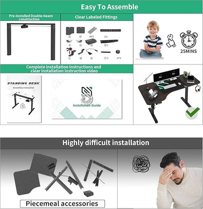 Standing Desk, L Shaped Adjustable Standing Desk, 63'' Corner Height Adjustable desk with Cup Holder, Headphone Hook, Cable Manager, and Mouse pad, Brown Panel