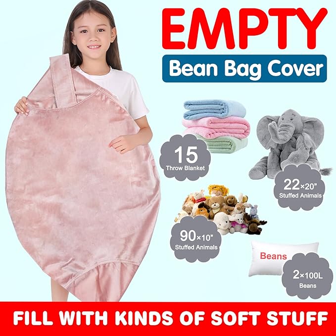 Lukeight Stuffed Animal Storage Bean Bag Chair Cover for Kids, Zipper Beanbag Chair Cover for Organizing Toddler & Kids' Rooms Plush Toys (Pink Velvet, X-Large)