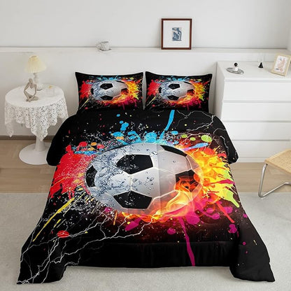 Kids Soccer Full Size Comforter Set For Boys Football Sports Bedding Set Teen Colorful Grunge Hippie Tie Dye Quilt Comforter Red Blue Water Fire Lightning Duvet Insert Lightweight Bedroom Dorm Decor
