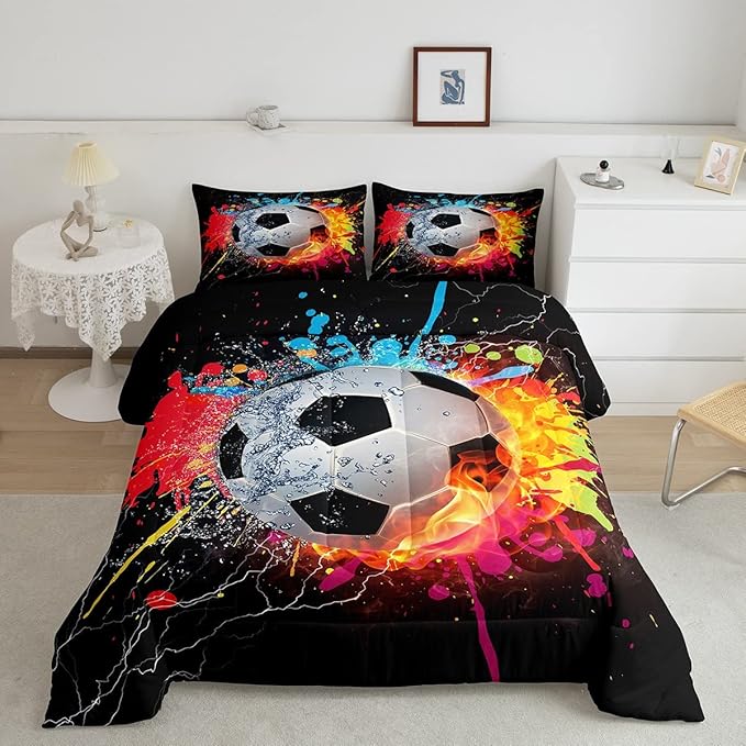Kids Soccer Twin Size Comforter Set For Boys Football Sports Bedding Set Teen Colorful Grunge Hippie Tie Dye Quilt Comforter Red Blue Water Fire Lightning Duvet Insert Lightweight Bedroom Dorm Decor