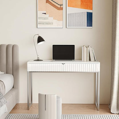 White Vanity Desk with 2 Drawers, Silver and White Desk,Home Office Desk Modern Makeup Vanity Table with Glossy Desktop,Writing Computer Standing Desk with Wood Top and Metal Legs