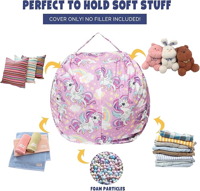 Stuffed Animal Storage Bean Bag Chair Cover, Hold Kids Plush Toys Blankets Towels Beanbag (Cover Only), Canvas Floor Circle Stuff Sit Seat Sofa with YKK Zipper, Extra Large 38", Unicorn