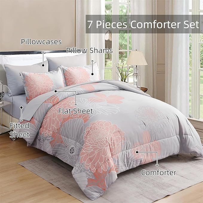 Yiran 7 Pieces Blush Grey Comforter Set Floral Bed in a Bag Soft Microfiber Comforter Bedding Set Queen Size 90"×90"(1 Comforter,2 Pillowcases,2 Pillow Shams,1 Flat Sheet,1 Fitted Sheet)