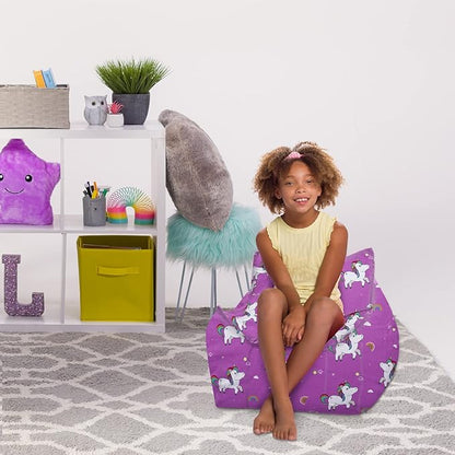 Posh Creations Structured Comfy Bean Bag Chair for Gaming, Reading, and Watching TV, Newport Chair, Canvas - Unicorn and Rainbows on Purple