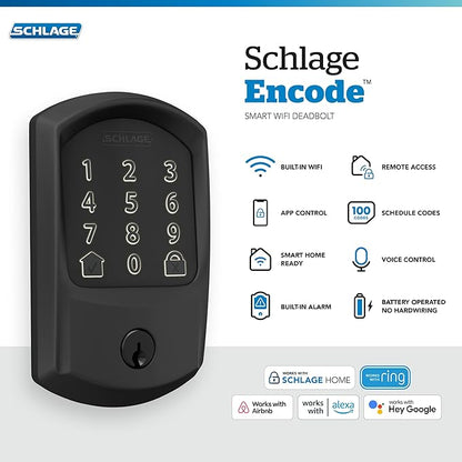 SCHLAGE BE489WB GRW 622 Encode WiFi Deadbolt Smart Lock, Keyless Entry Touchscreen Door Lock with Greenwich Trim, Matte Black