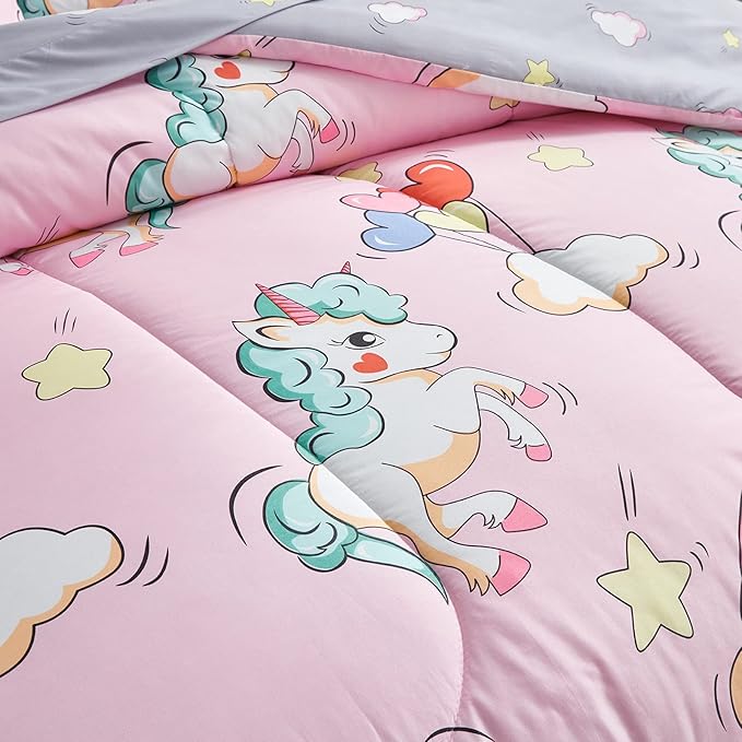 UOZZI BEDDING Kids Girls Bed in a Bag 6 Pieces Twin Size Unicorn Pink Colorful Comforter Set - (1 Soft Microfiber, Reversible Comforter, 2 Pillow Shams, 1 Flat Sheet, 1 Fitted Sheet, 1 Pillowcases)