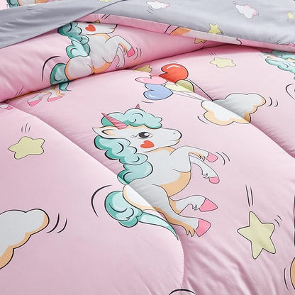 UOZZI BEDDING Kids Girls Bed in a Bag 6 Pieces Twin Size Unicorn Pink Colorful Comforter Set - (1 Soft Microfiber, Reversible Comforter, 2 Pillow Shams, 1 Flat Sheet, 1 Fitted Sheet, 1 Pillowcases)