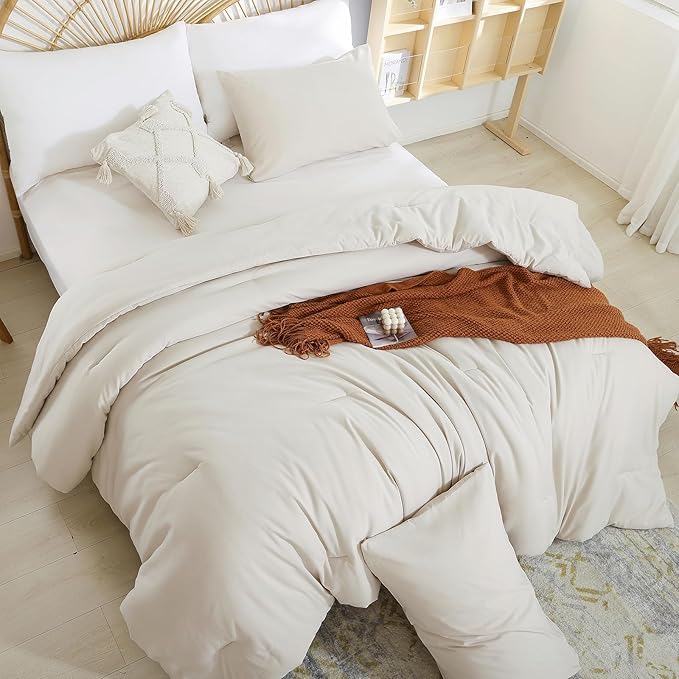Beige Comforter Set King Size - 3 Pieces Lightweight Solid Bedding Comforter Set - All Season Fluffy Microfiber Bed Set (1 Comforter, 2 Pillowcases)