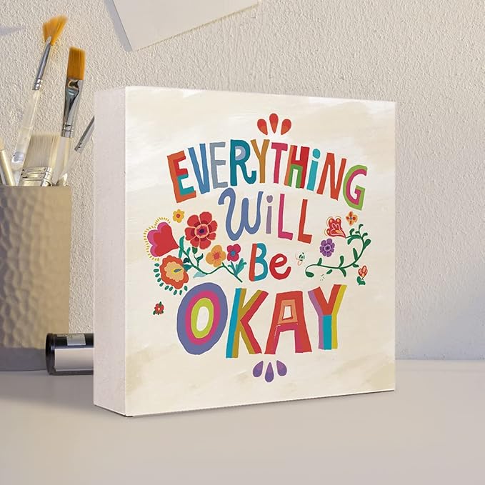 Ruvoty Everything Will Be Okay Colorful Word Art Wooden Sign Desk Decor,Inspirational Wood Block Sign Desk Decorations for Home Bedroom Dorm Office Desk Shelf Table Decor