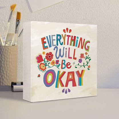 Ruvoty Everything Will Be Okay Colorful Word Art Wooden Sign Desk Decor,Inspirational Wood Block Sign Desk Decorations for Home Bedroom Dorm Office Desk Shelf Table Decor