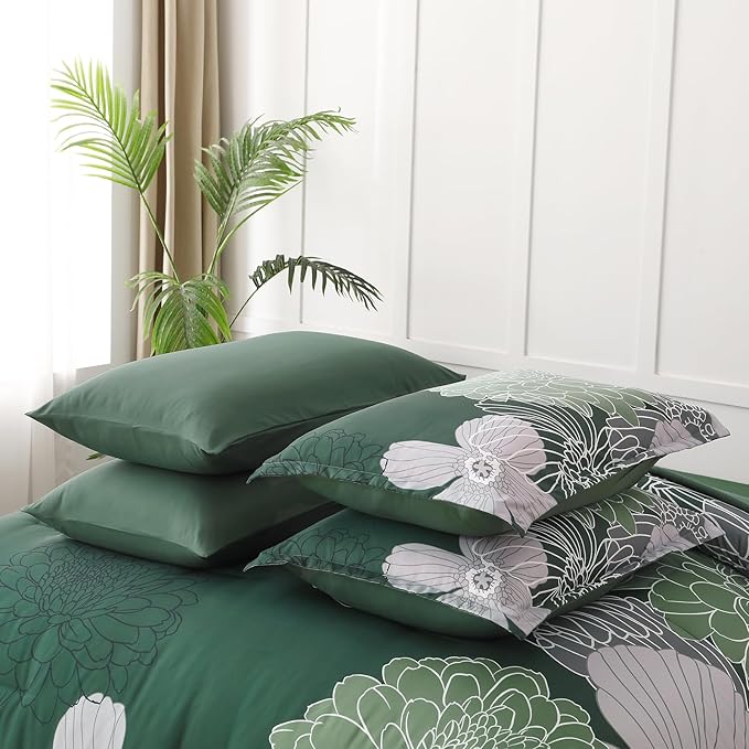 Yiran 7 Pieces Queen Floral Comforter Set,Emerald Green Bed in a Bag Flowers Comforter,Soft Microfiber Bedding Set with Comforter, Sheets, Pillowcases & Shams 90"×90"