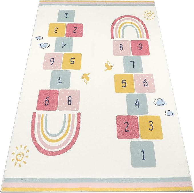 Topotdor Rainbow Sky Hopscotch Game Rugs,Kids Play Area Rugs Soft Floor Carpet for Bedroom Playroom Nursery,Great Gift for Girls & Boys,47" x 71"