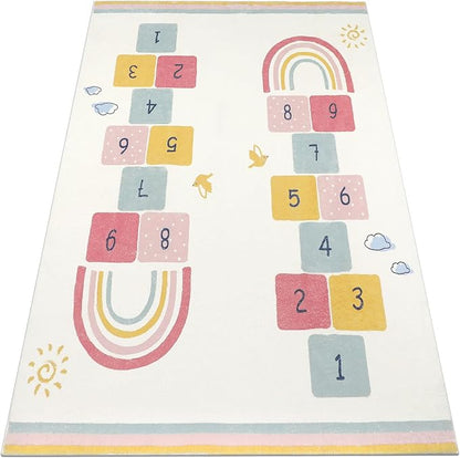 Topotdor Rainbow Sky Hopscotch Game Rugs,Kids Play Area Rugs Soft Floor Carpet for Bedroom Playroom Nursery,Great Gift for Girls & Boys,47" x 71"