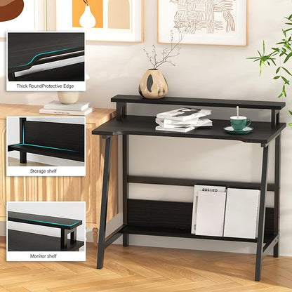 Computer Home Office Desk, 31.5" Desk for Small Spaces with Storage Shelf,Small Computer Desk with Monitor and Bookshelf, Modern Simple Style Laptop Desk