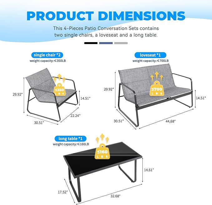 4 Pieces Patio Furniture Set Outdoor Patio Conversation Sets Poolside Lawn Chairs with Glass Coffee Table Porch Furniture for Courtyard, Garden and Balcony (Grey)