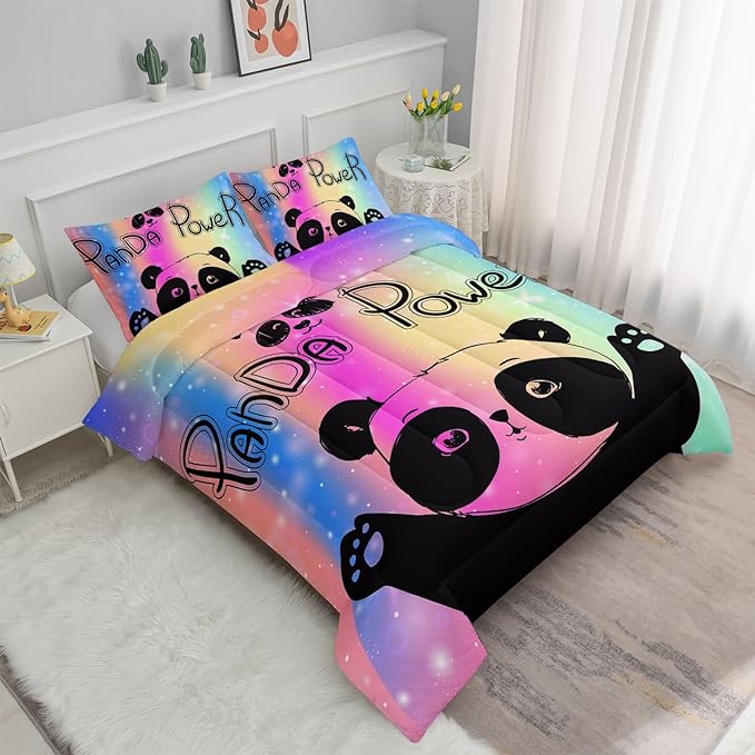 Datura home Bedding Comforter Set Rainbow Kawaii Cute Panda Printed Pattern with 1 and 2 Pillowcases for Girls Bedroom All Season(Panda Full) Full 80x90inches