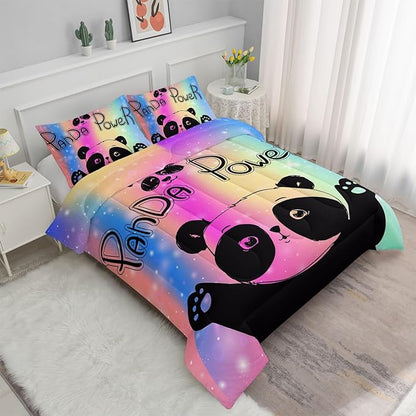 Datura home Bedding Comforter Set Rainbow Kawaii Cute Panda Printed Pattern with 1 and 2 Pillowcases for Girls Bedroom All Season(Panda Full) Full 80x90inches