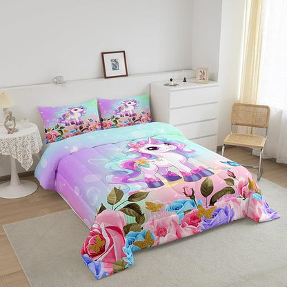Cartoon Unicorn Kids Comforter Set King Size,Rose Flowers Butterfly Leaves Bedding Set,Girls Women Room Decor,Starry Sky Unicorn Cute Down Comforter,Pink Purple Romantic Duvet Insert,2 Pillowcases