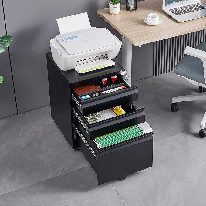 3-Drawer Mobile Lock and 5 Casters,Pre-Assembled Metal Office Storage Filing Cabinets w/ 1 Removable Hanging Rods,for Legal/Letter Size,Black