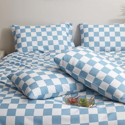 Blue White Grid Comforter Set Twin Blue Plaid Bedding Set Girls Blue and White Checkered Bed Comforter Set Breathable Blanket Set Kids Durable Bedding Comforter Set
