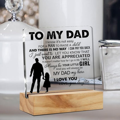 Father Gift Dad Gifts From Daughter, to My Dad My Hero Quote Desk Decor Acrylic Desk Plaque Sign with Wood Stand Home Office Desk Sign Keepsake Present