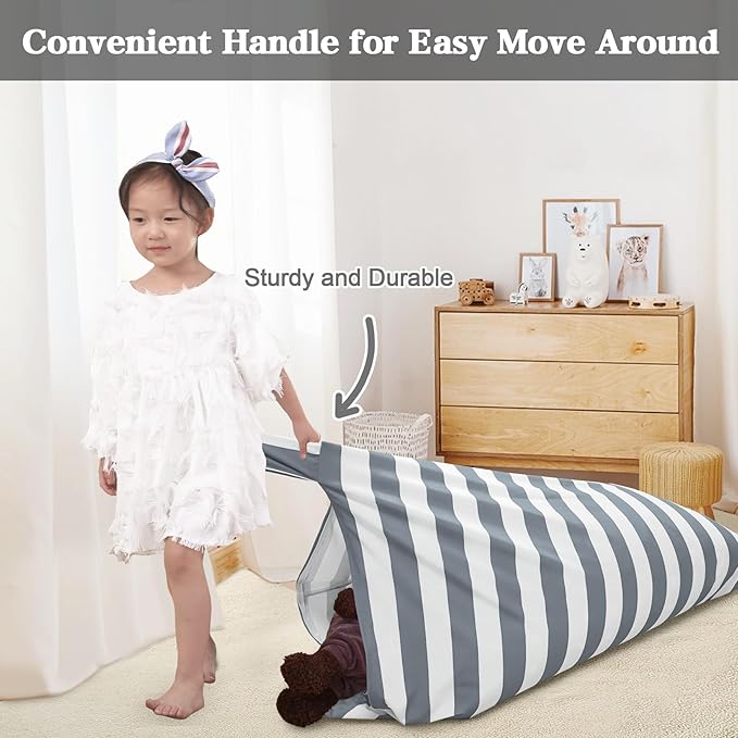 Jorbest Bean Bag Stuffed Animal Storage, Luxury Velvet Bean Bag Covers Only without Filling, Stuffed Animal Bean Bag Storage, Bean Bag Chair for Adults and Kids, (Stripe White Gray, 200L/52 Gal)