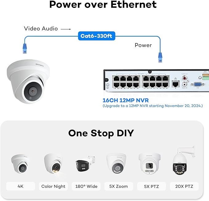 ONWOTE NVR PoE Security Camera System 4K, 16 Channel 12MP Commercial NVR 4TB, 8X 8MP Wired Outdoor IP Cameras, 134° FoV, AI Detection, 24/7 Video Audio Recording, CCTV Surveillance for Home Business