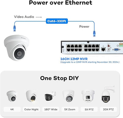 ONWOTE 16 Channel 4K PoE Security Camera System, 12MP 16CH Commercial NVR 4TB, 16x 8MP 134° Outdoor IP Cameras with Audio, AI Detect Human Vehicle, 100ft 60ft Ethernet Cables, Wired CCTV for Business