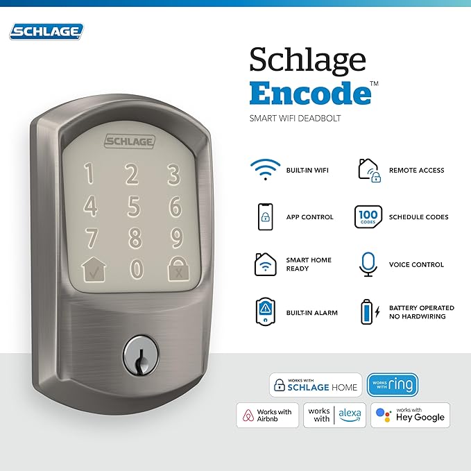 Schlage Encode Smart WiFi Deadbolt Lock for Front Door - Keyless Entry with App or Touchscreen - Works with Alexa, Apple HomeKit, Hey Google, & Airbnb - Create Codes for Guests - Satin Nickel Silver