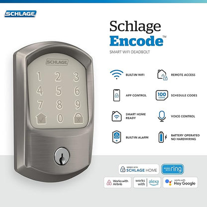 Schlage Encode Smart WiFi Deadbolt Lock for Front Door - Keyless Entry with App or Touchscreen - Works with Alexa, Apple HomeKit, Hey Google, & Airbnb - Create Codes for Guests - Satin Nickel Silver