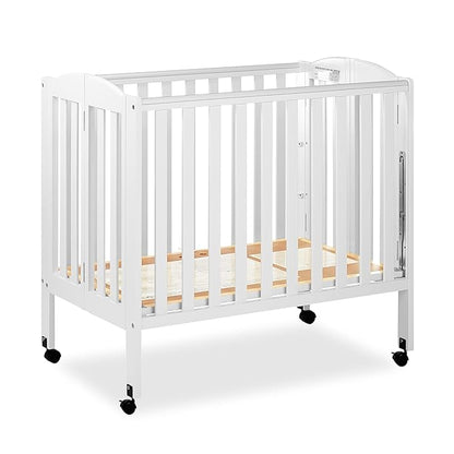 3 in 1 Portable Folding Stationary Side Crib in White, Greenguard Gold & Sunset 3” Extra Firm Fiber Crib Mattress, Greenguard Gold Certified, Waterproof Vinyl Cover