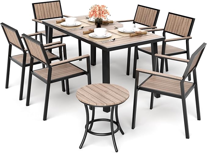 Pamapic 8-Piece Patio Dining Set，Outdoor Aluminum Furniture Set with Plastic-Wood Table Top,Outdoor Furniture Set with 6 Outdoor Stackable Chairs for Patio Garden Poolside，Walnut