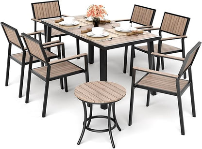 Pamapic 8-Piece Patio Dining Set，Outdoor Aluminum Furniture Set with Plastic-Wood Table Top,Outdoor Furniture Set with 6 Outdoor Stackable Chairs for Patio Garden Poolside，Walnut