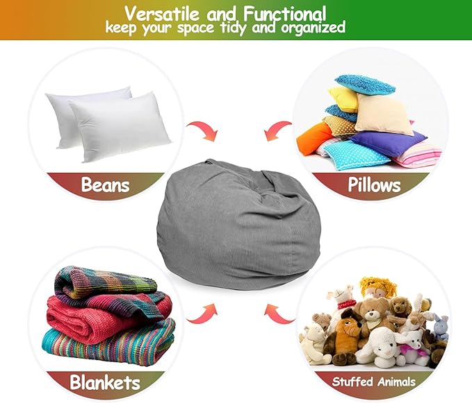 Premium Corduroy Stuffed Animal Storage Bean Bag Chair Cover (No Filler) for Organizing Plush Toys Or Textile Stuffable Bean Bag Sack for Adults Teens Children Lazy Chair Playroom Washable Cover